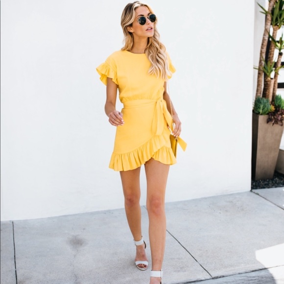 yellow ruffle wrap dress